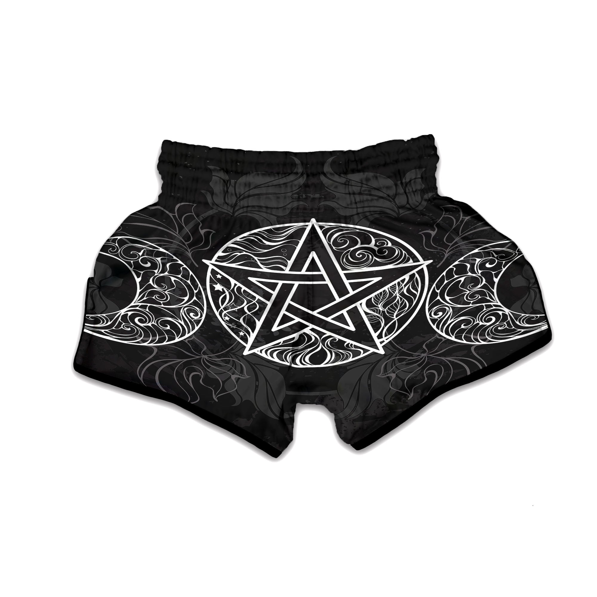 Wicca Pentagram White And Black Print Muay Thai Boxing Shorts-grizzshop