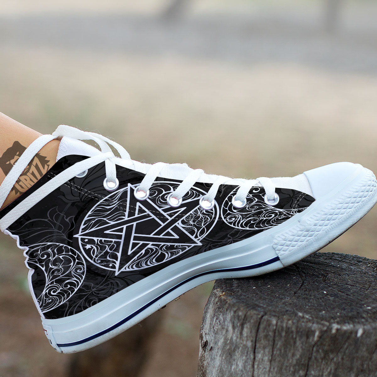 Wicca Pentagram White And Black Print White High Top Shoes-grizzshop