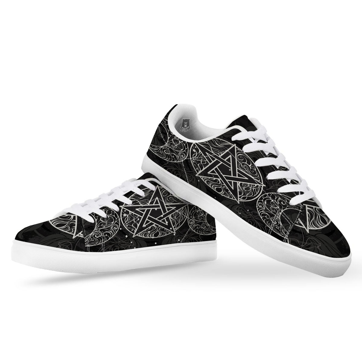 Wicca Pentagram White And Black Print White Low Top Sneakers-grizzshop