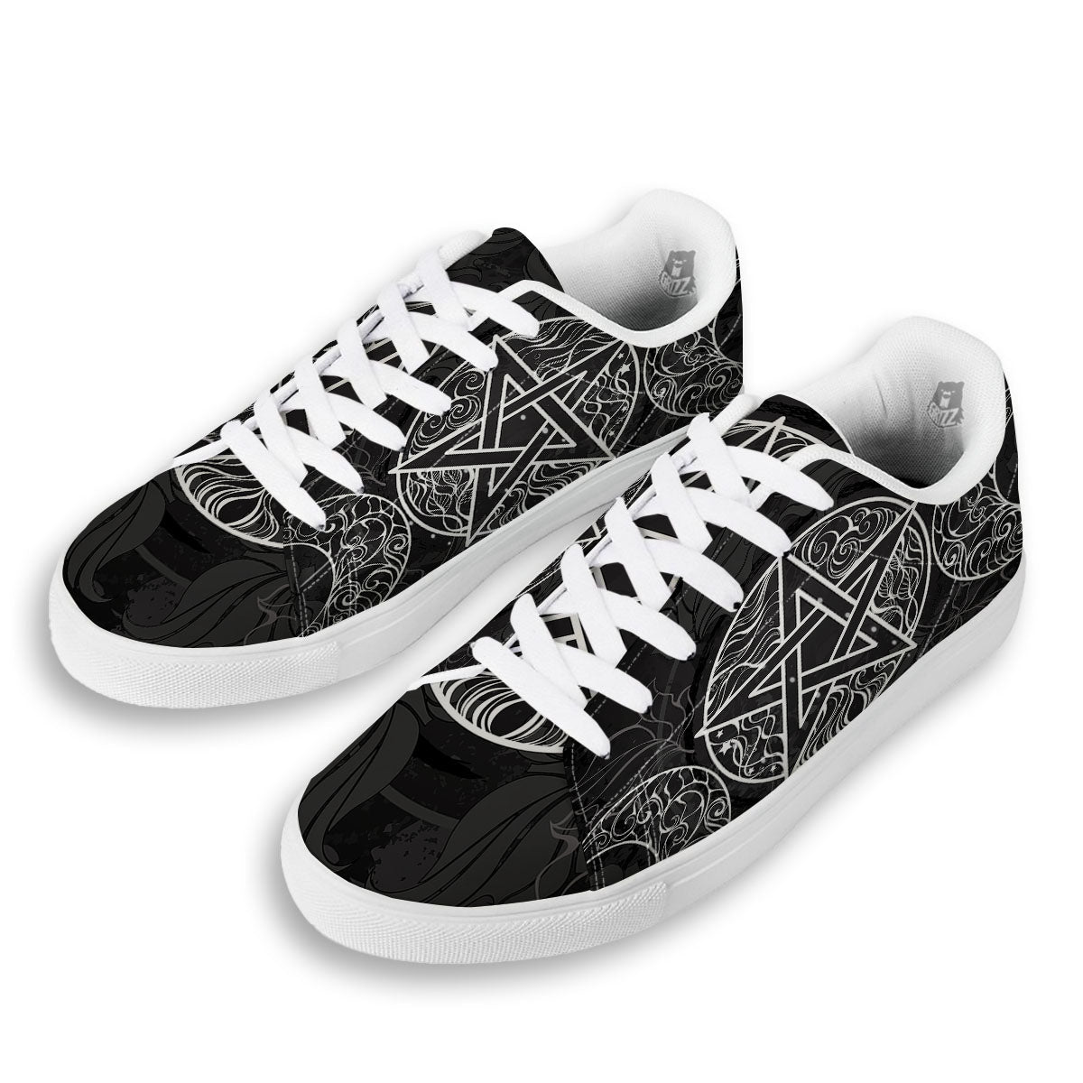 Wicca Pentagram White And Black Print White Low Top Sneakers-grizzshop