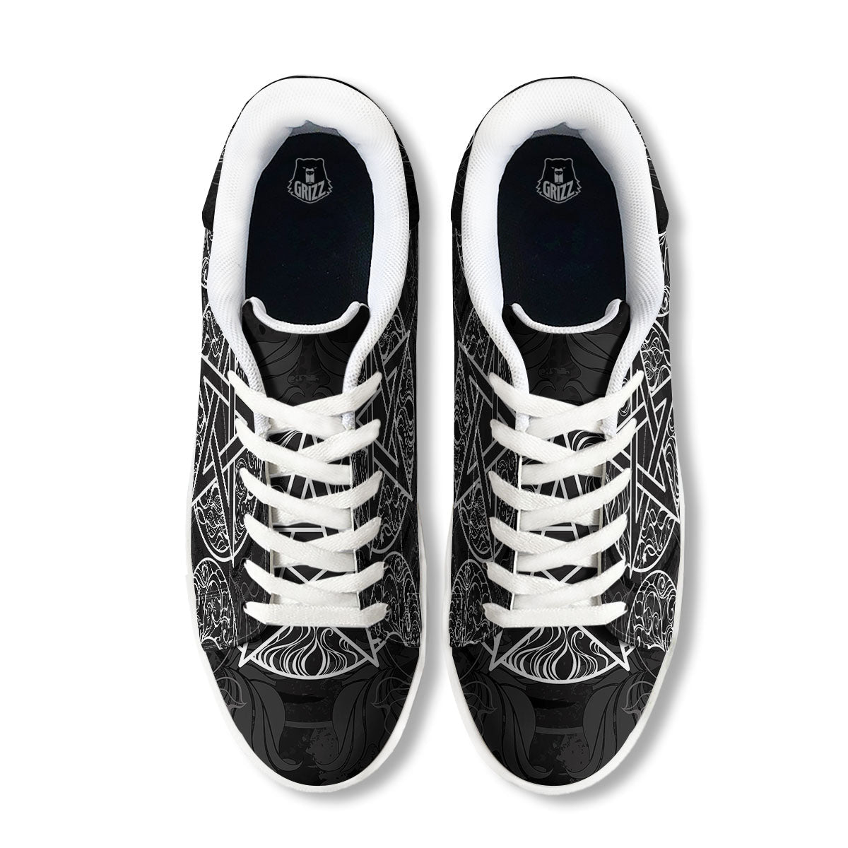 Wicca Pentagram White And Black Print White Low Top Sneakers-grizzshop