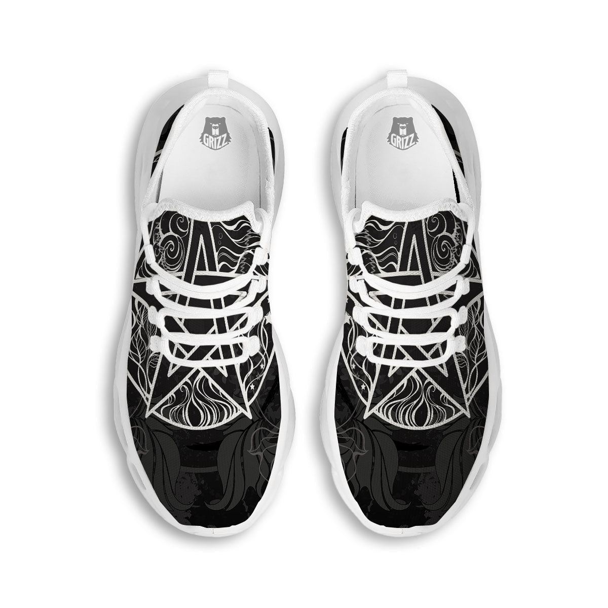 Wicca Pentagram White And Black Print White Running Shoes-grizzshop
