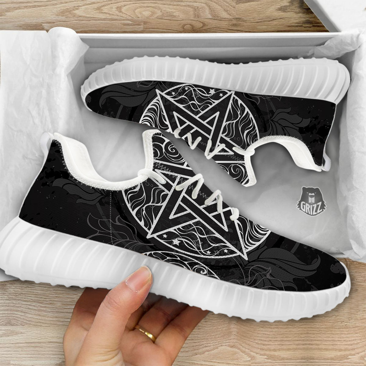 Wicca Pentagram White And Black Print White Walking Shoes-grizzshop