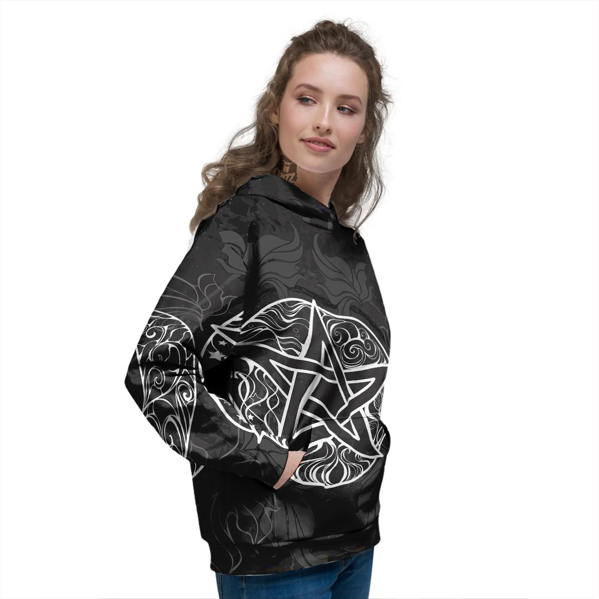 Wicca Pentagram White And Black Print Women's Hoodie-grizzshop