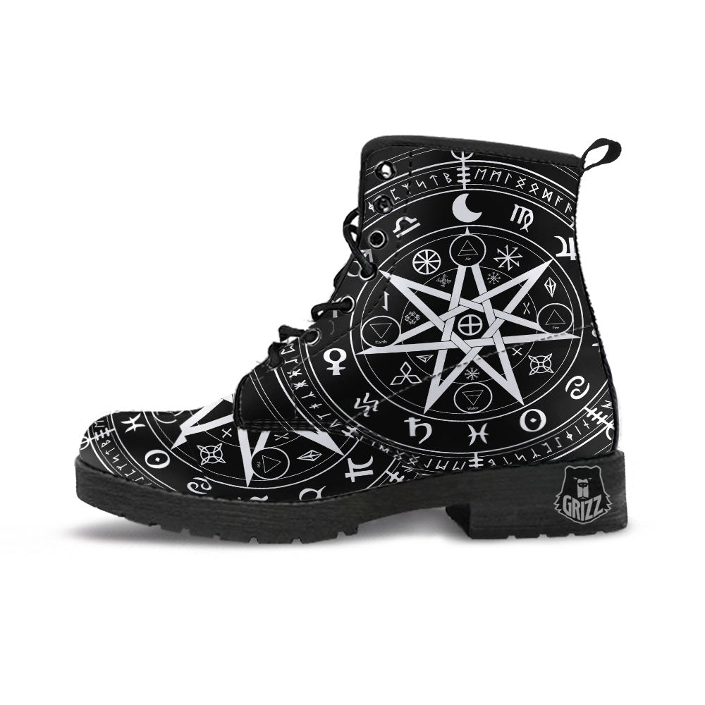 Wiccan Mystic White And Black Print Leather Boots-grizzshop