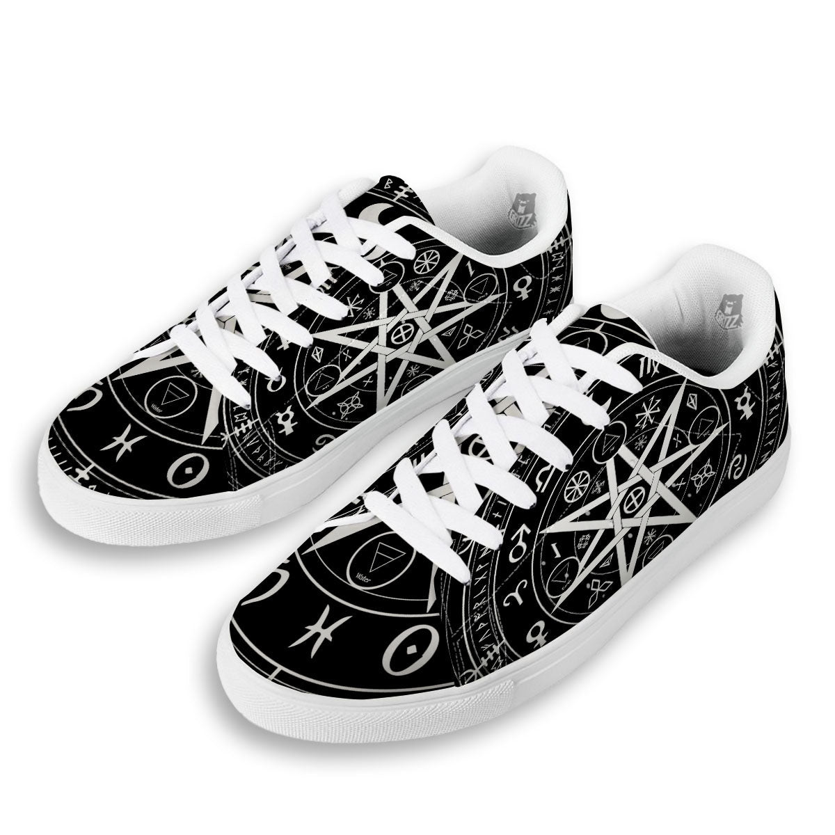 Wiccan Mystic White And Black Print White Low Top Sneakers-grizzshop