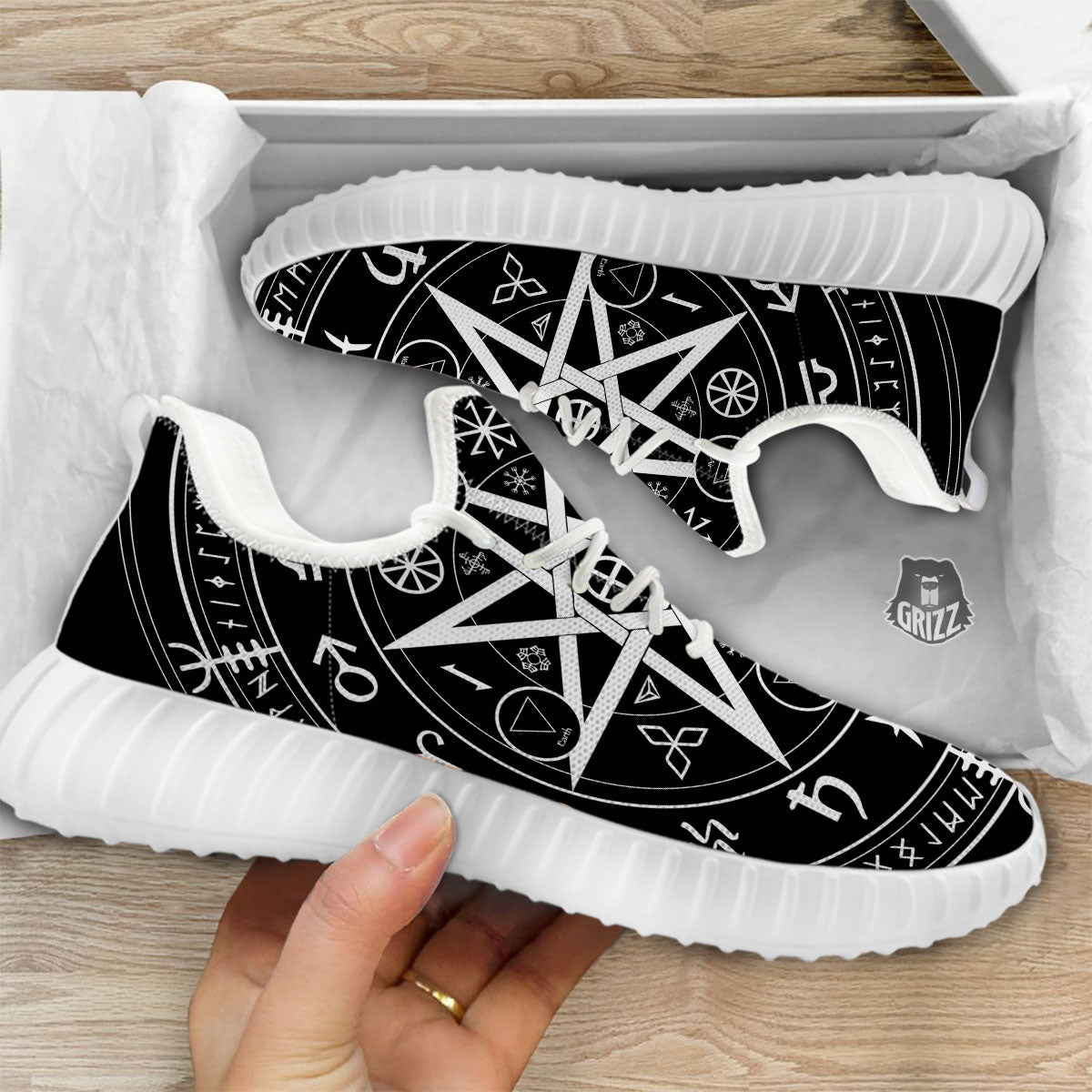 Wiccan Mystic White And Black Print White Walking Shoes-grizzshop