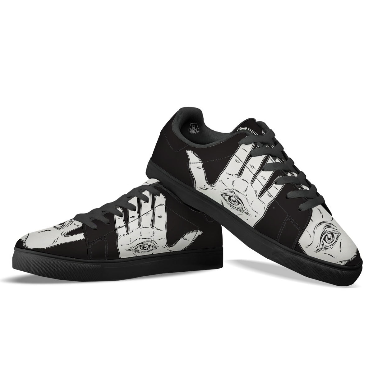 Wiccan Palmistry White And Black Print Black Low Top Sneakers-grizzshop