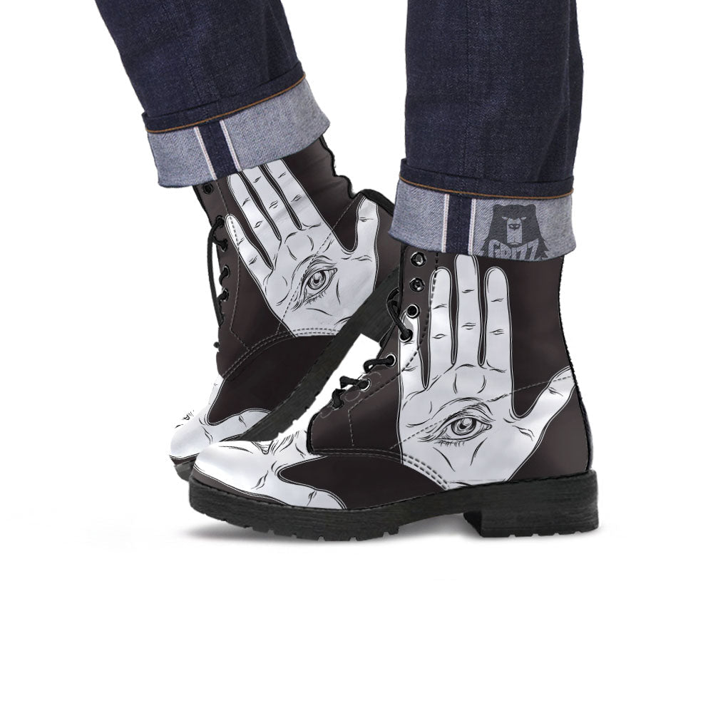 Wiccan Palmistry White And Black Print Leather Boots-grizzshop