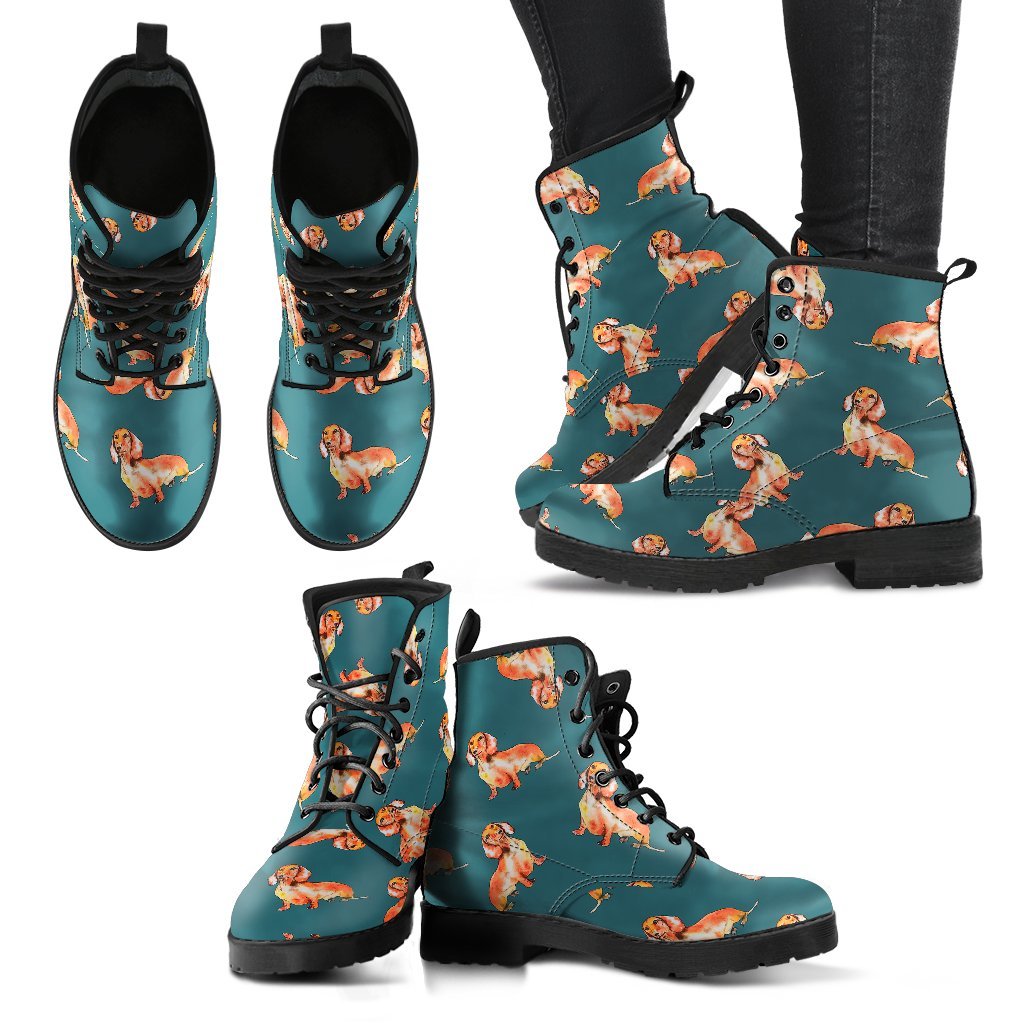 Wiener Dog Dachshund Portrait Pastel Pattern Print Men Women Leather Boots-grizzshop