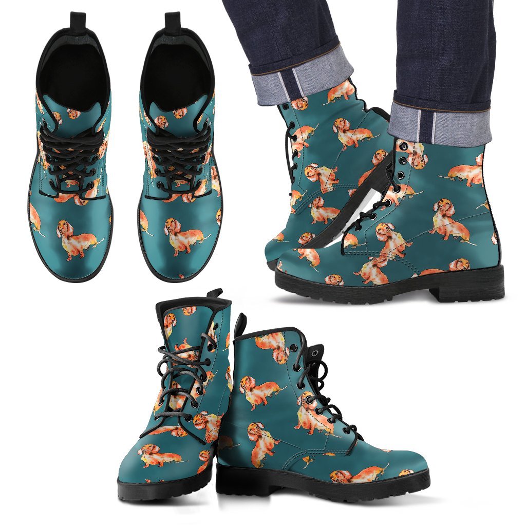 Wiener Dog Dachshund Portrait Pastel Pattern Print Men Women Leather Boots-grizzshop