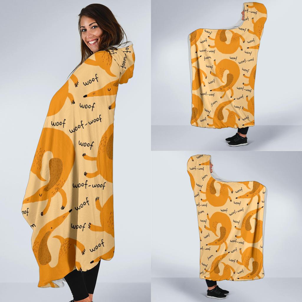 Wiener Dog Dachshund Woof Woof Pattern Print Hooded Blanket-grizzshop