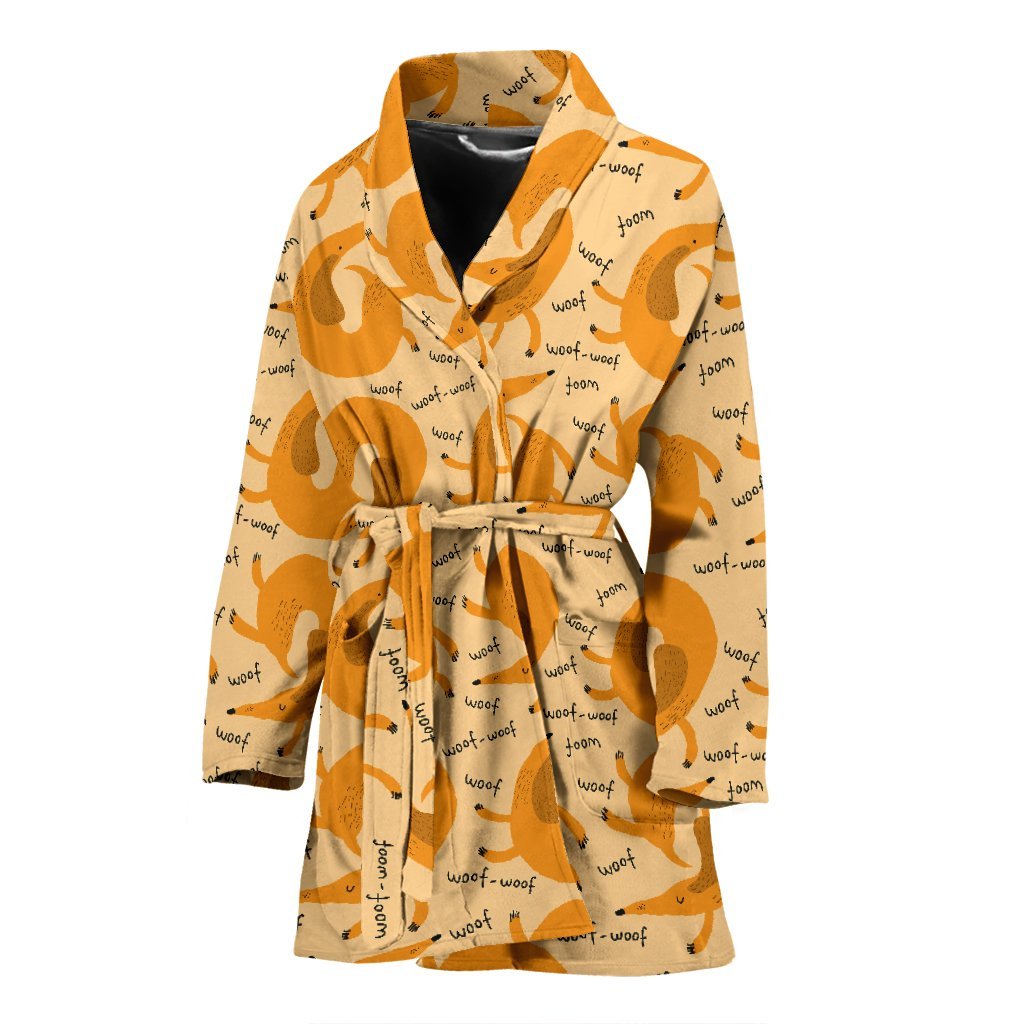 Wiener Dog Dachshund Woof Woof Pattern Print Women Long Robe-grizzshop