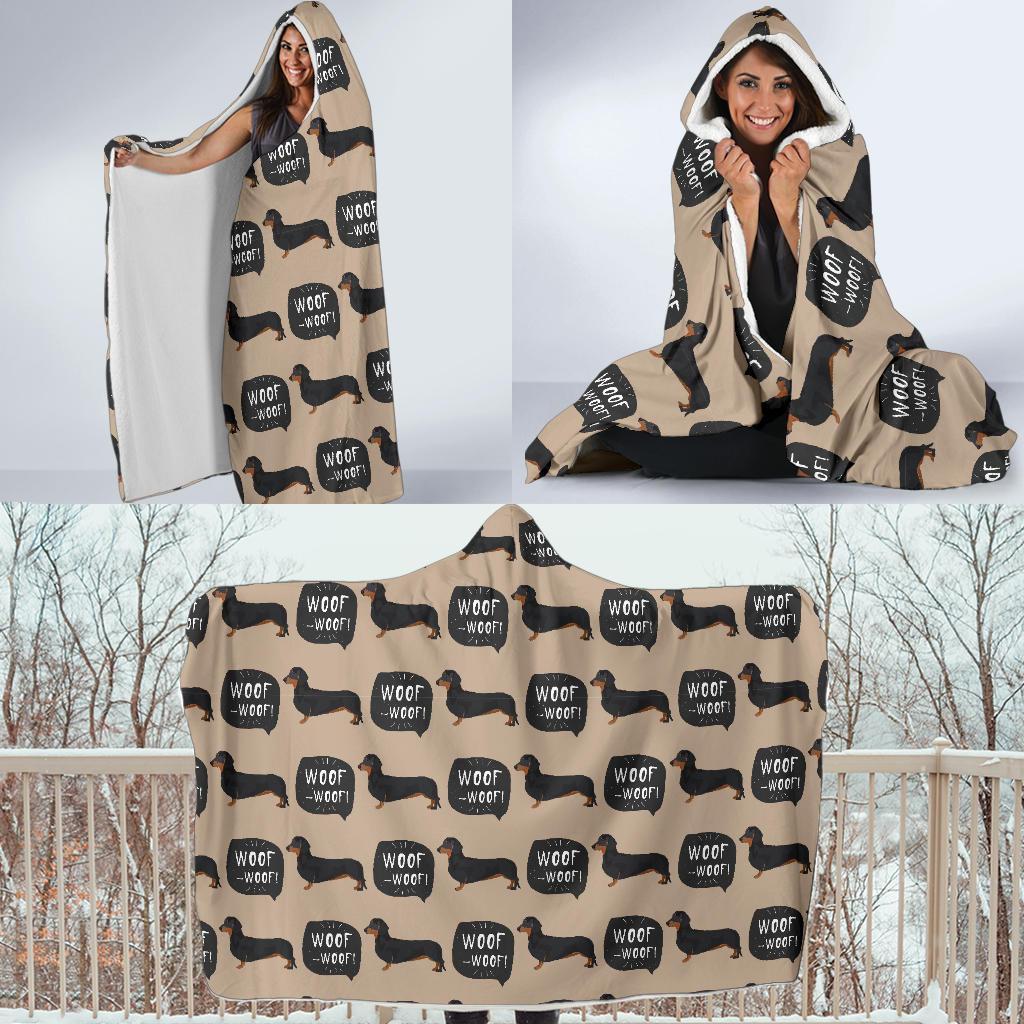 Wiener Dog Woof Woof Dachshund Pattern Print Hooded Blanket-grizzshop
