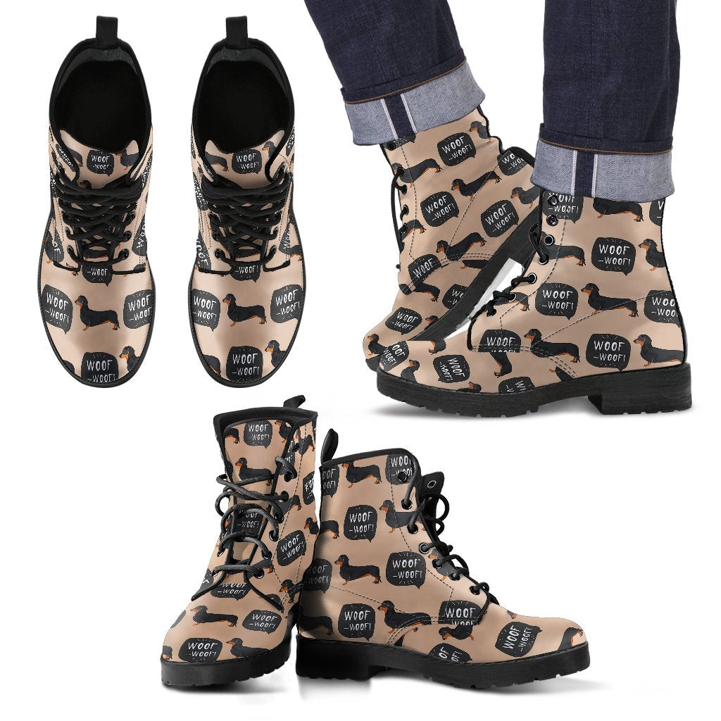 Wiener Dog Woof Woof Dachshund Pattern Print Men Women Leather Boots-grizzshop