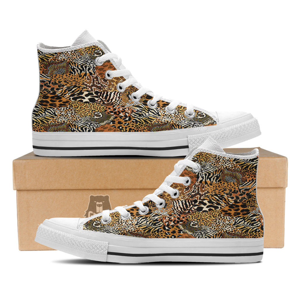 Wild Animal Skins Patchwork Print Pattern White High Top Shoes-grizzshop