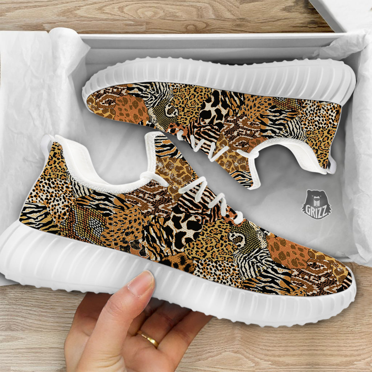 Wild Animal Skins Patchwork Print Pattern White Walking Shoes-grizzshop