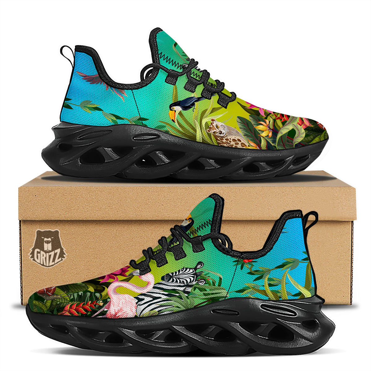 Wild Animals Jungle Print Black Running Shoes-grizzshop