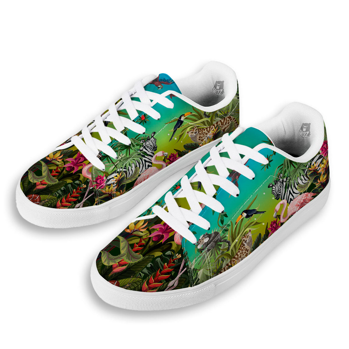 Wild Animals Jungle Print White Low Top Sneakers-grizzshop