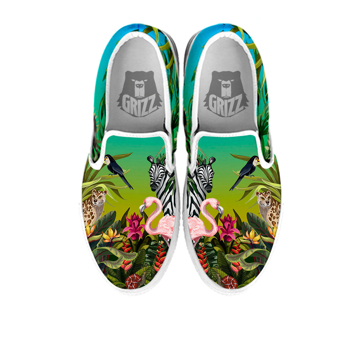 Wild Animals Jungle Print White Slip On Shoes-grizzshop
