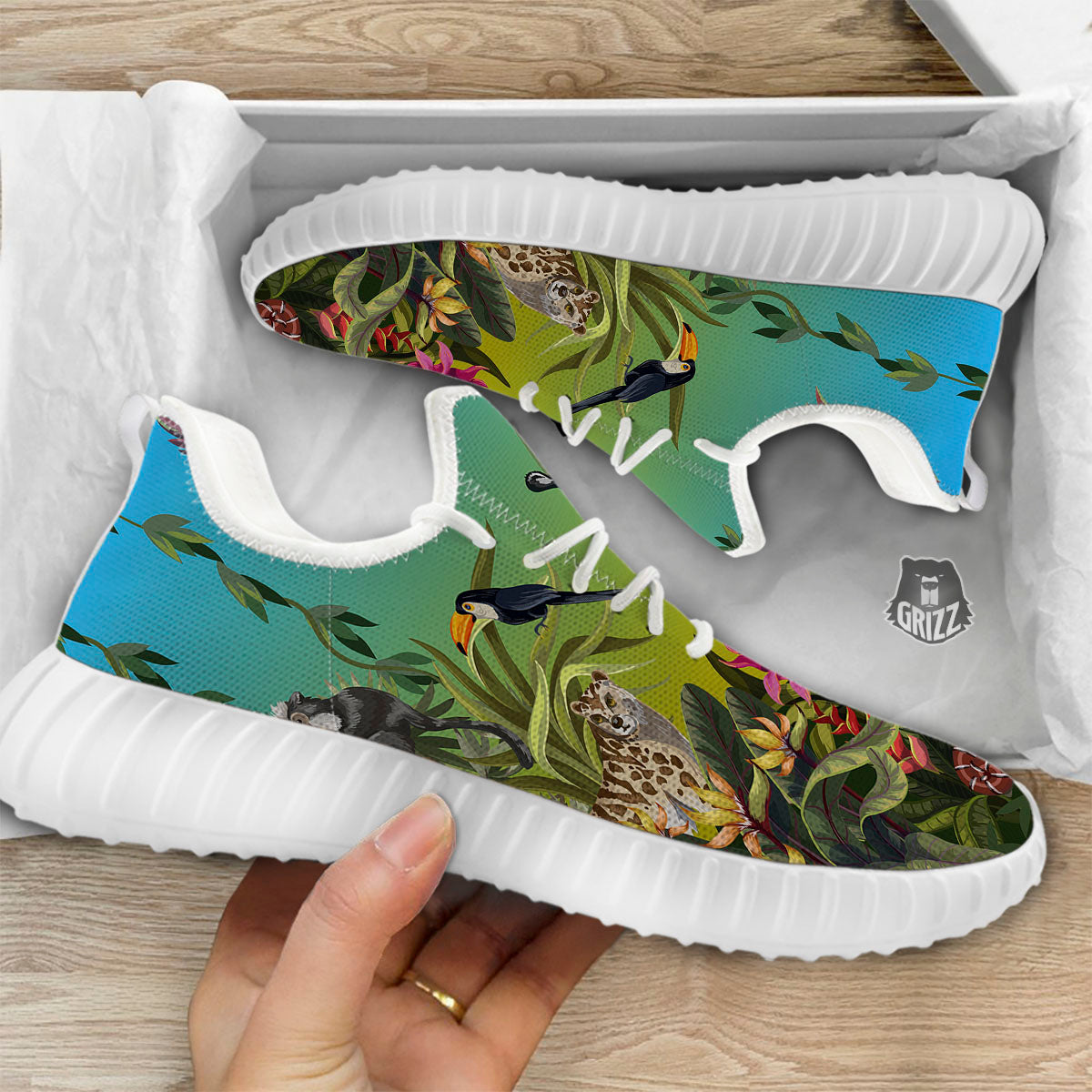 Wild Animals Jungle Print White Walking Shoes-grizzshop