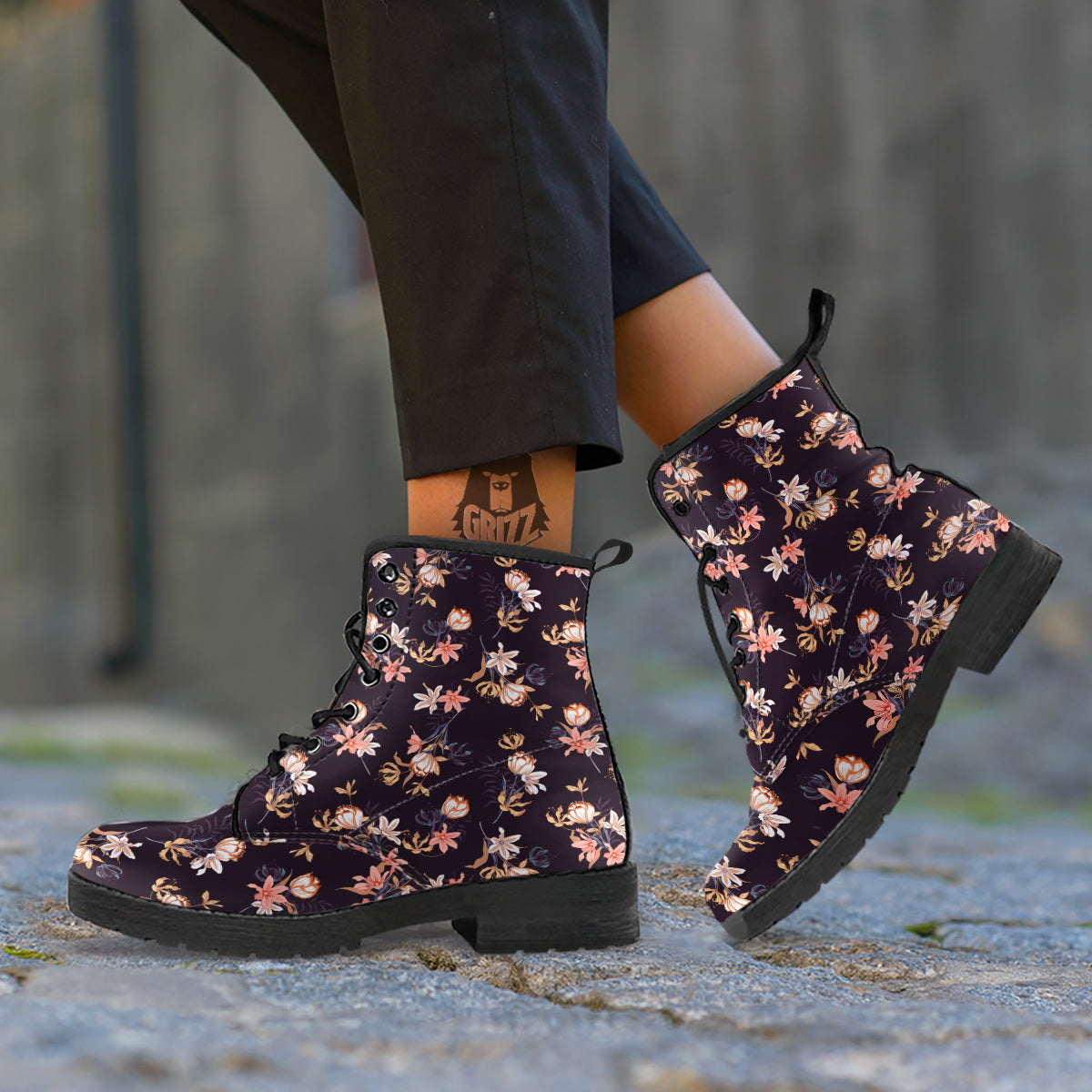 Wild Flower Print Pattern Leather Boots-grizzshop