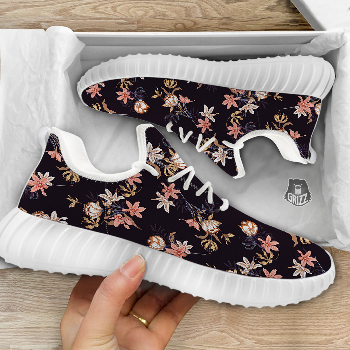 Wild Flower Print Pattern White Walking Shoes-grizzshop