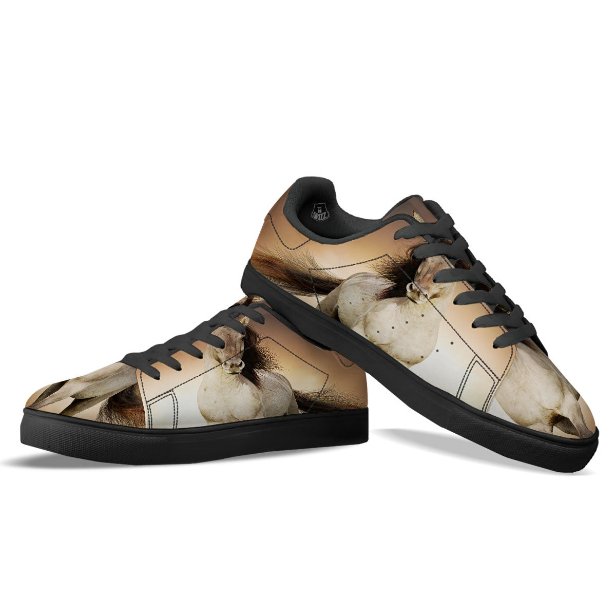 Wild Stallion Horse Running Print Black Low Top Sneakers-grizzshop