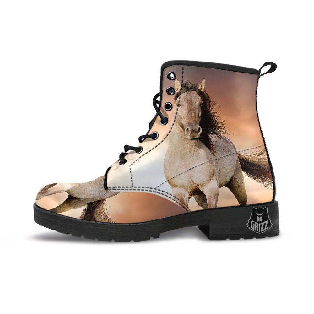 Wild Stallion Horse Running Print Leather Boots-grizzshop