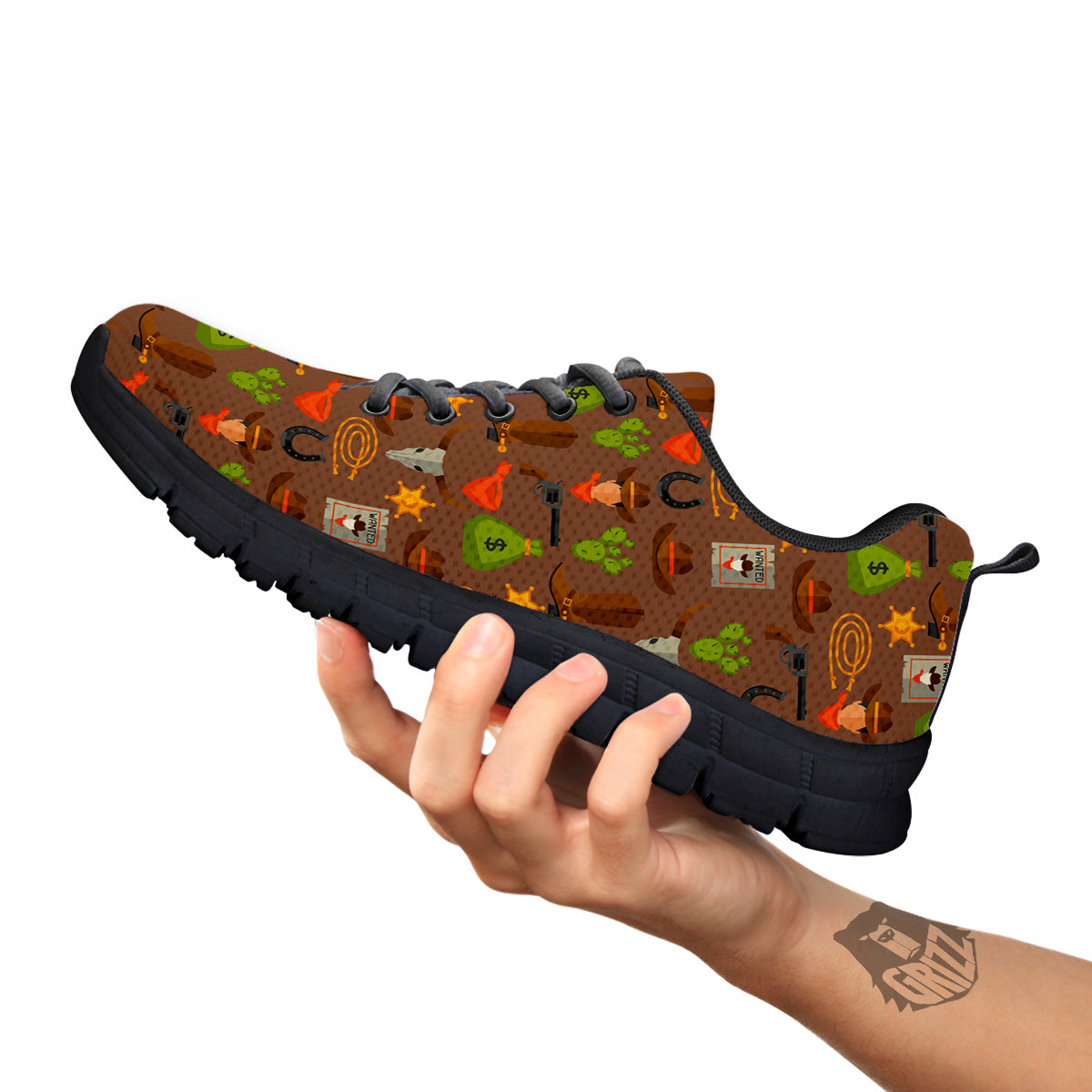 Wild West And Emoji Cowboy Style Print Pattern Black Sneaker-grizzshop