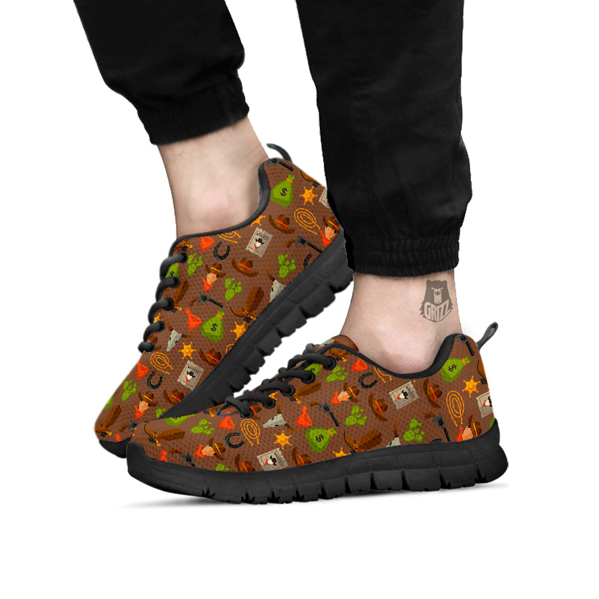 Wild West And Emoji Cowboy Style Print Pattern Black Sneaker-grizzshop