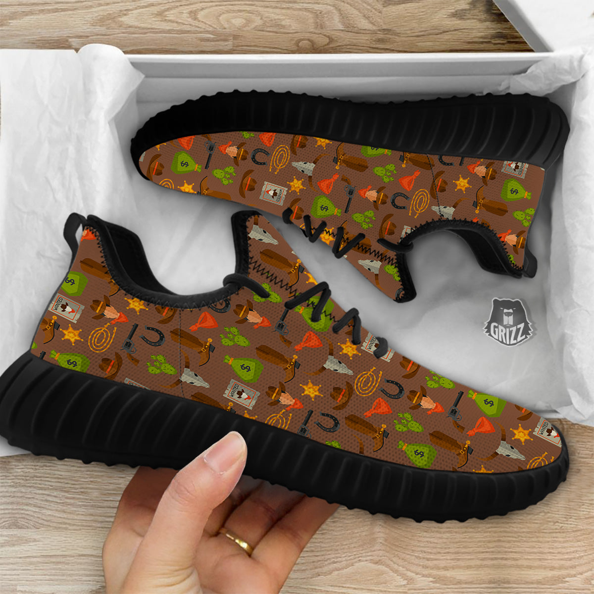 Wild West And Emoji Cowboy Style Print Pattern Black Walking Shoes-grizzshop