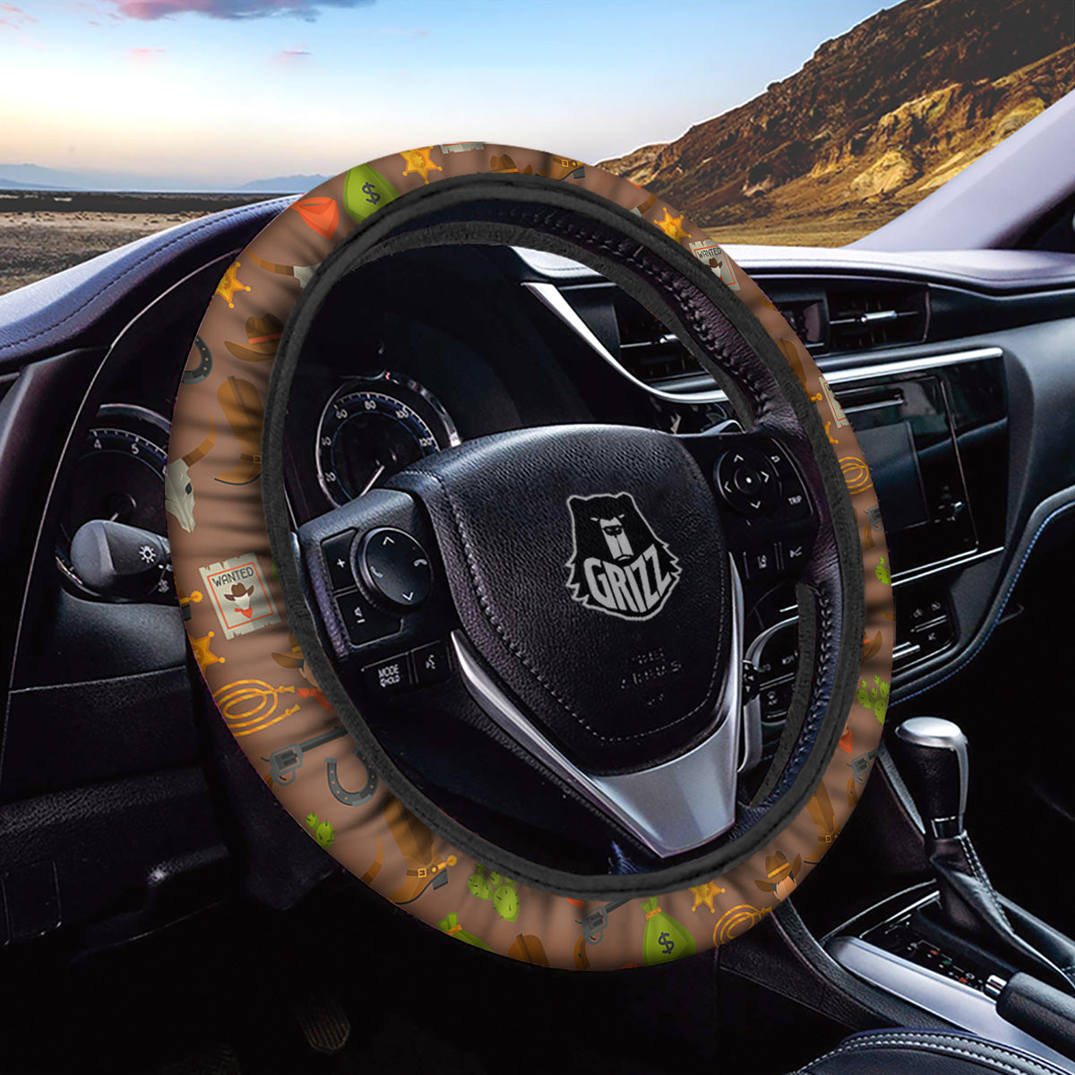 Wild West And Emoji Cowboy Style Print Pattern Car Steering Wheel Cover-grizzshop