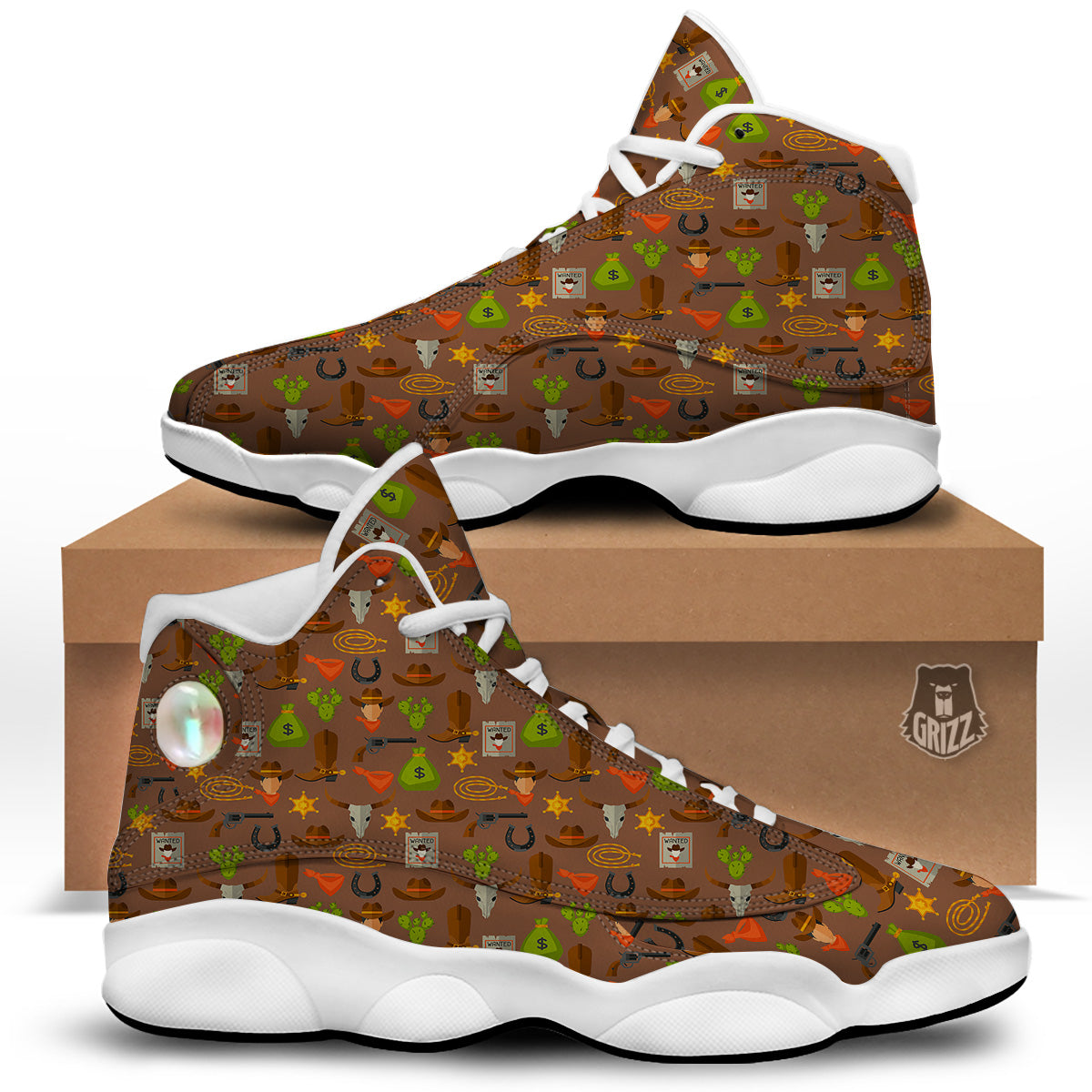 Wild West And Emoji Cowboy Style Print Pattern White Basketball Shoes-grizzshop