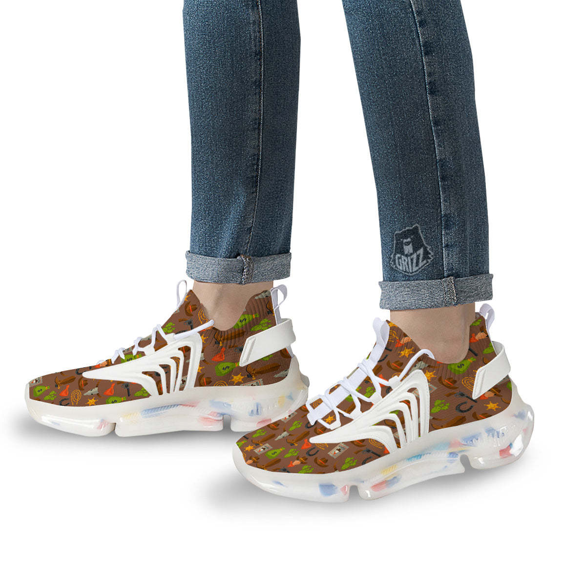 Wild West And Emoji Cowboy Style Print Pattern White Gym Shoes-grizzshop