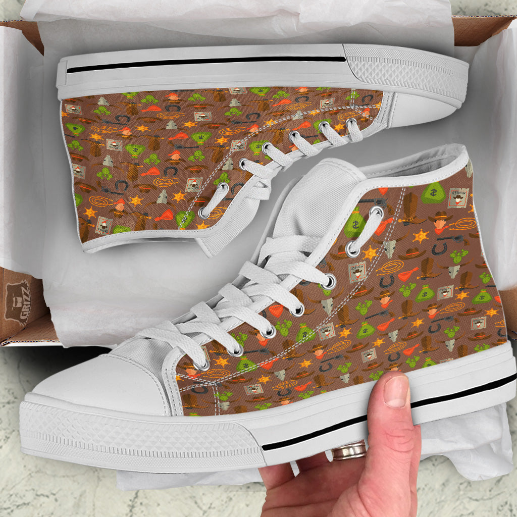 Wild West And Emoji Cowboy Style Print Pattern White High Top Shoes-grizzshop