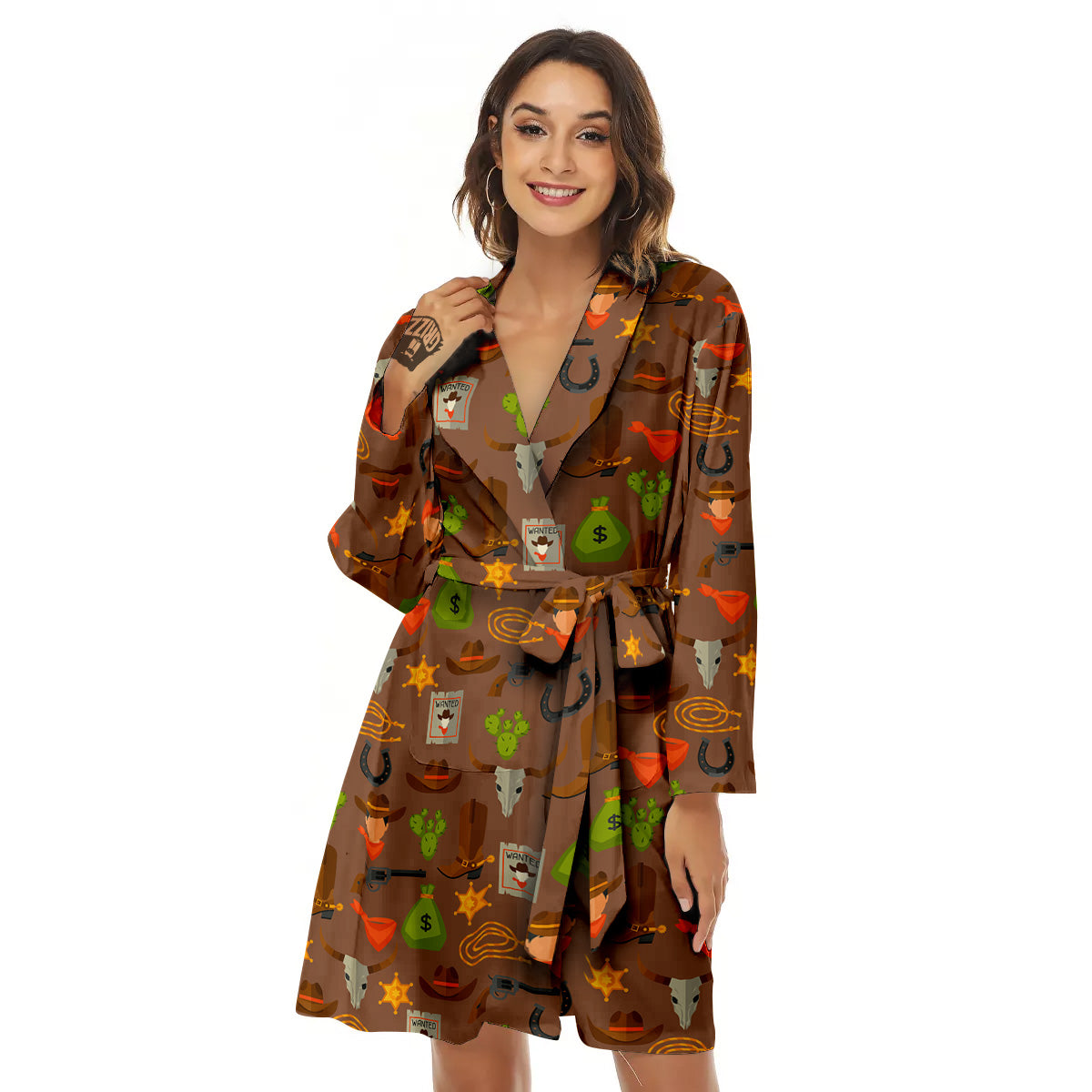 Wild West And Emoji Cowboy Style Print Pattern Women's Robe-grizzshop