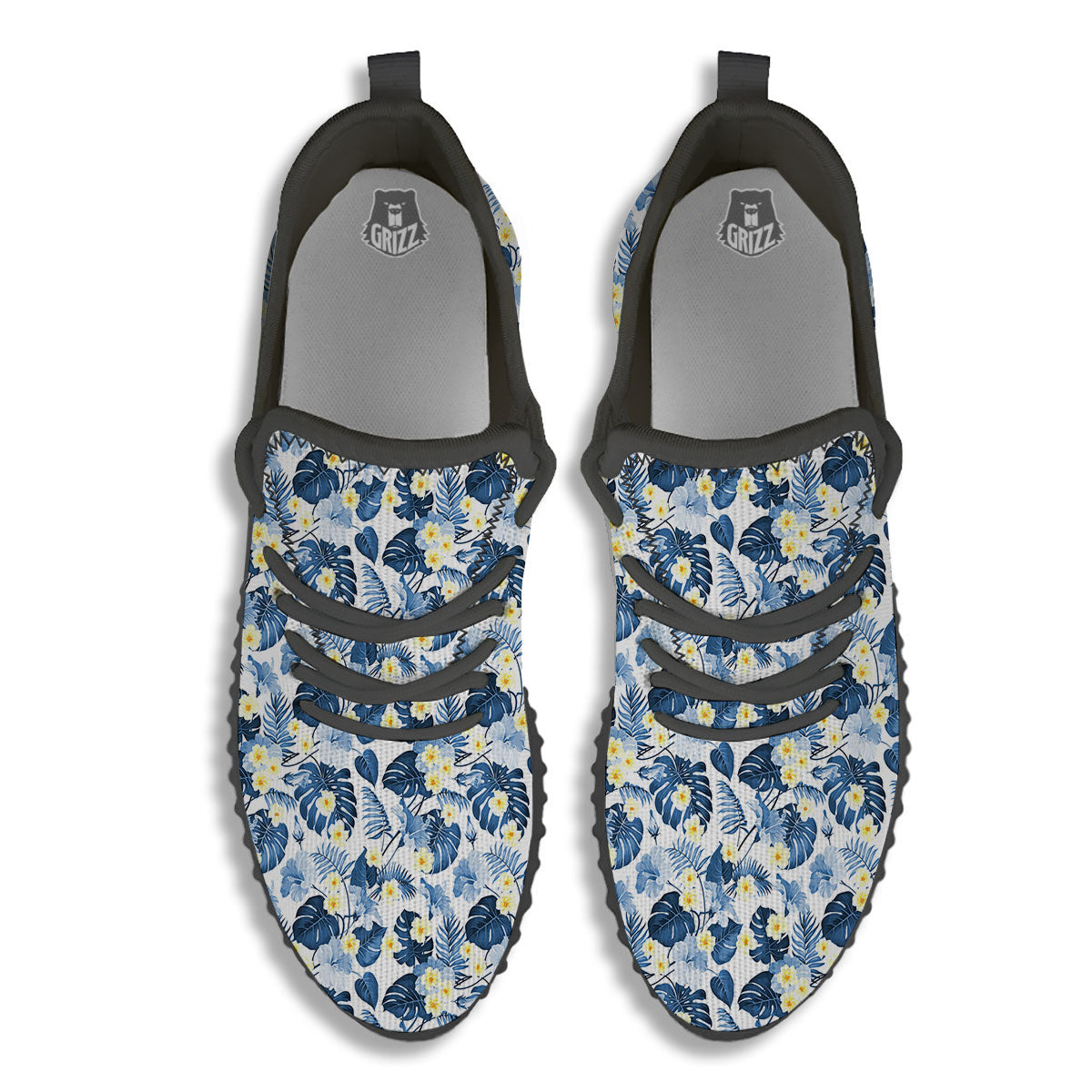 Wildflowers Blue Hawaiian Print Pattern Black Walking Shoes-grizzshop