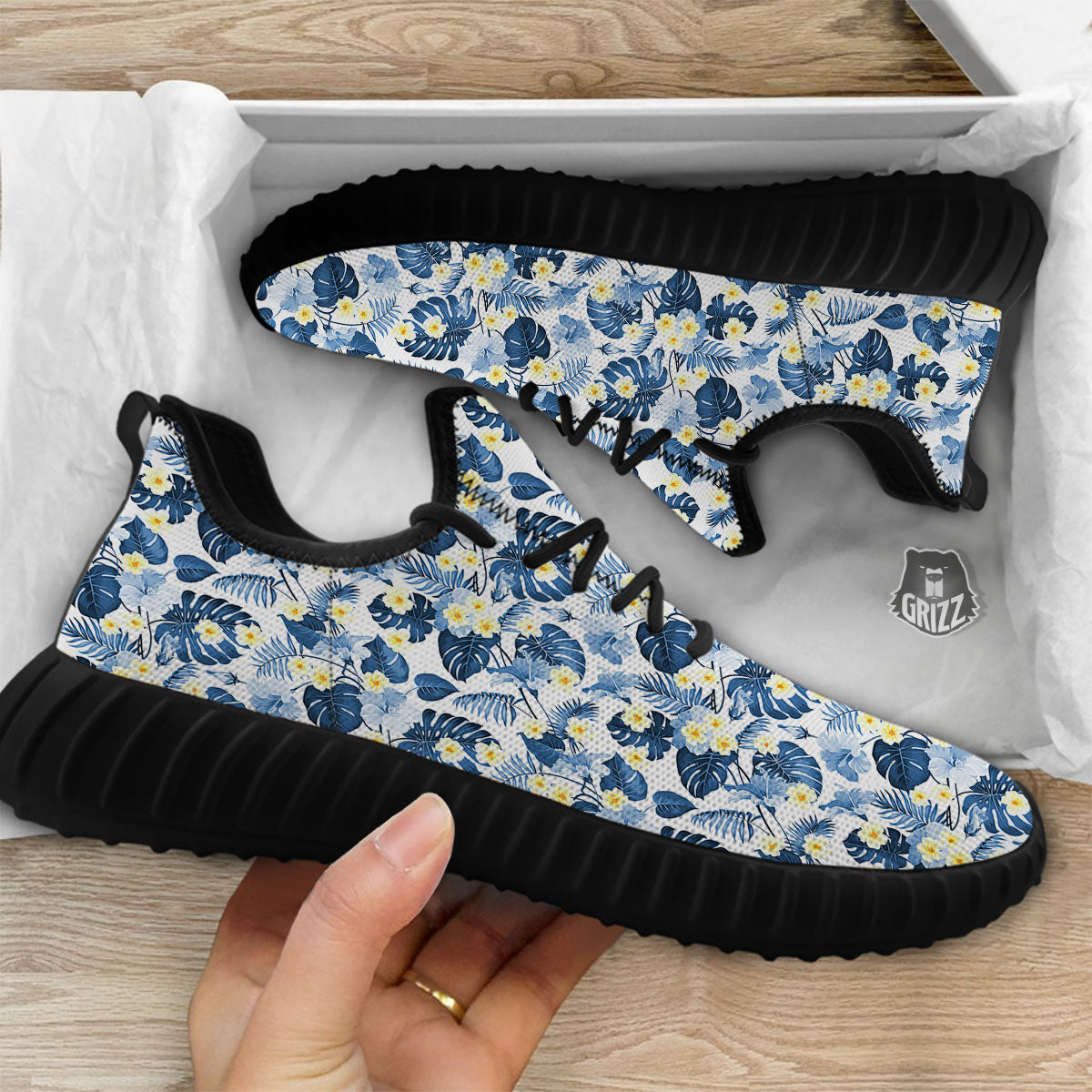 Wildflowers Blue Hawaiian Print Pattern Black Walking Shoes-grizzshop