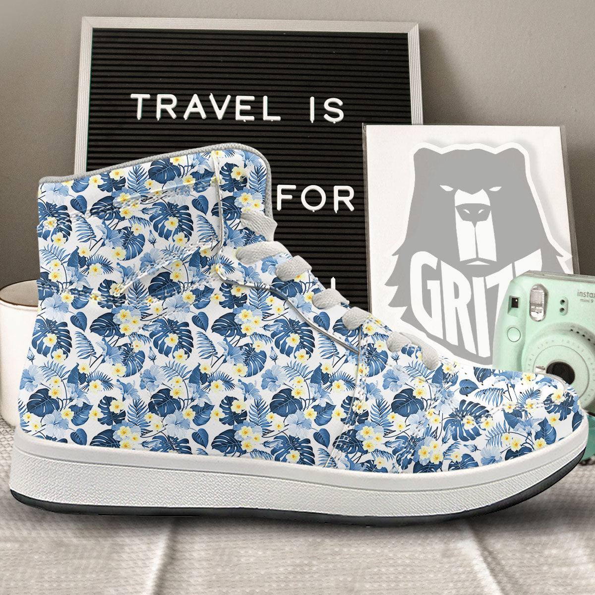 Wildflowers Blue Hawaiian Print Pattern High Top Sneakers-grizzshop