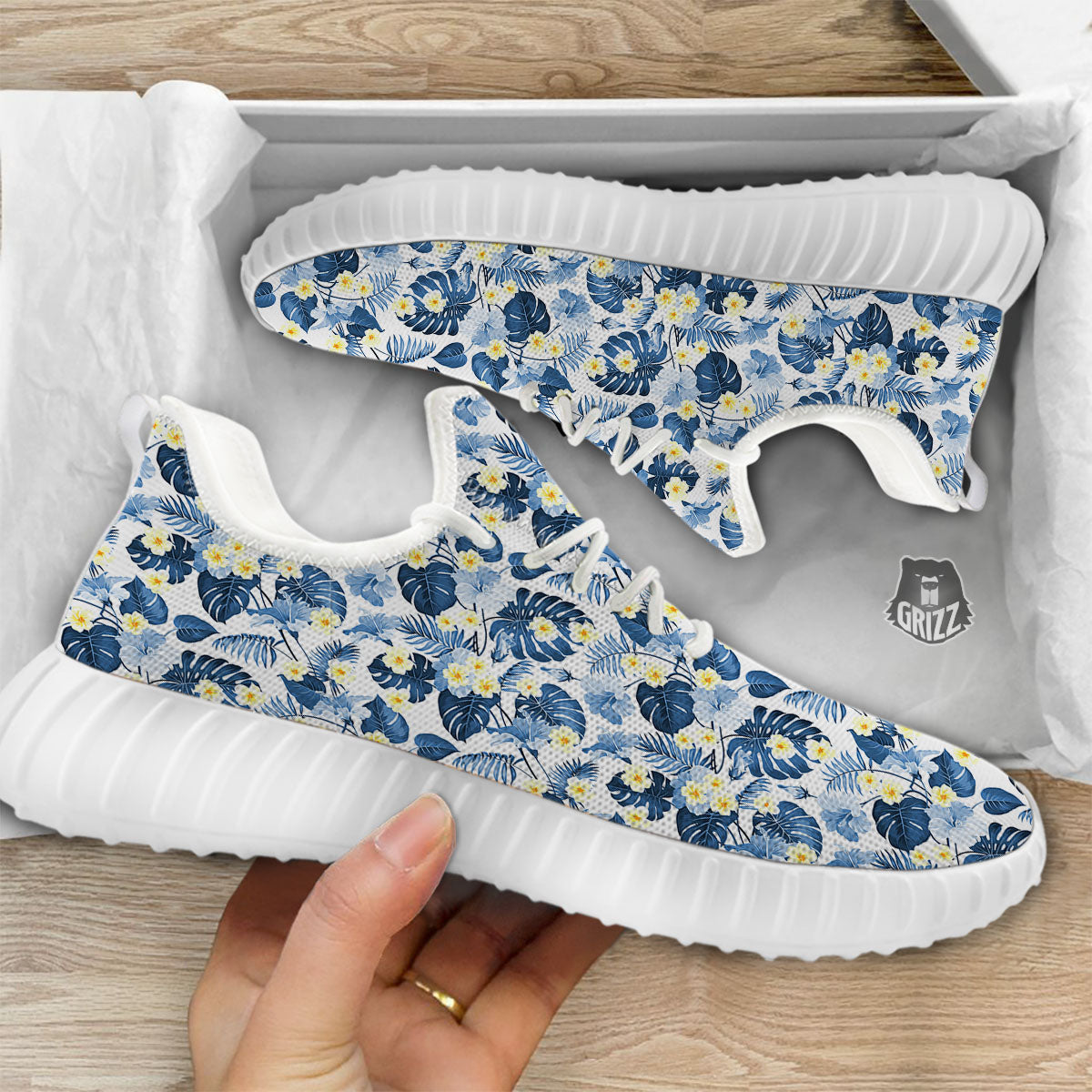Wildflowers Blue Hawaiian Print Pattern White Walking Shoes-grizzshop