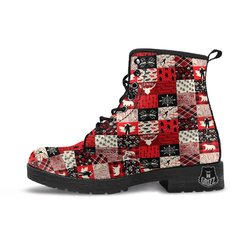 Wildlife Red Plaid Print Pattern Leather Boots-grizzshop