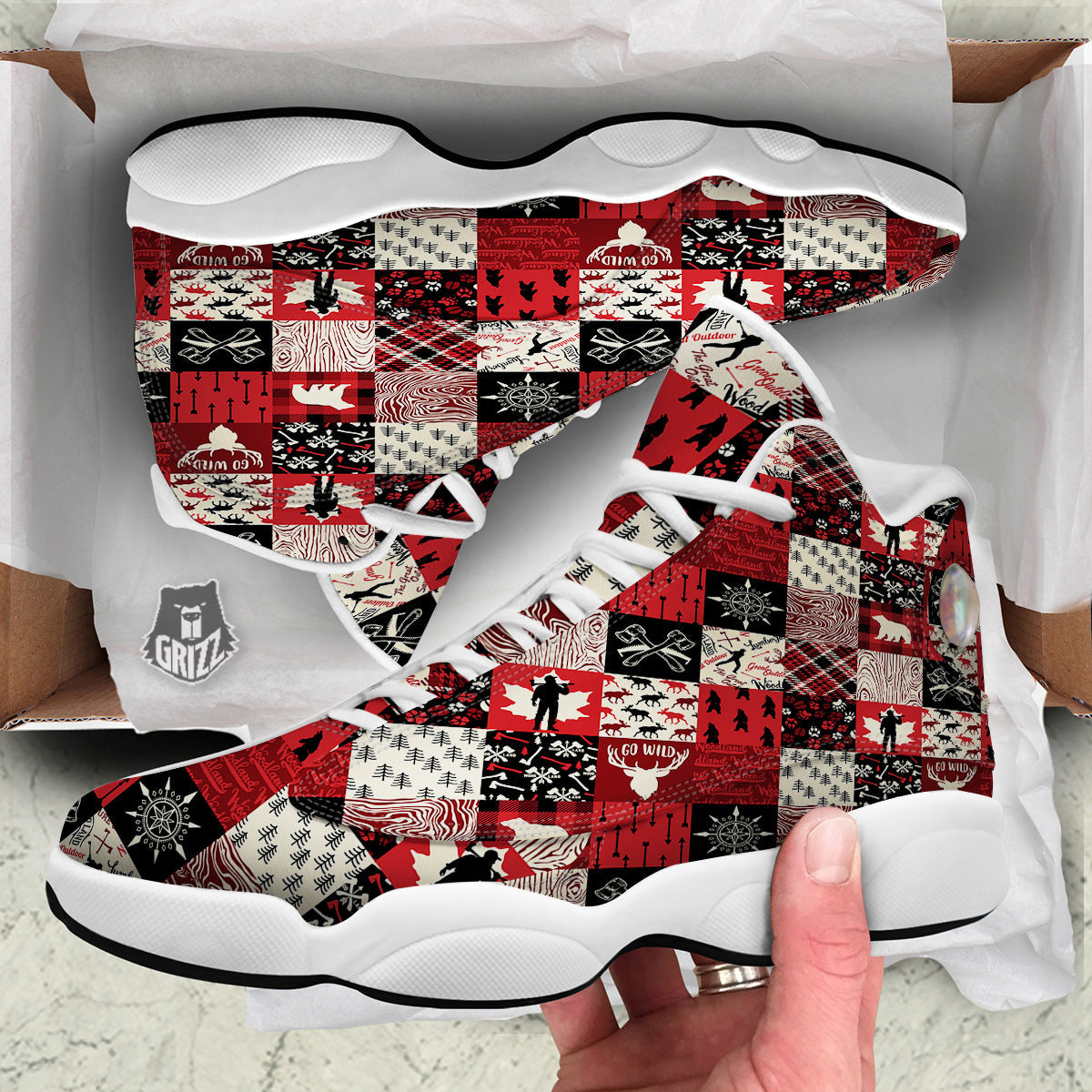 Wildlife Red Plaid Print Pattern White Basketball Shoes-grizzshop