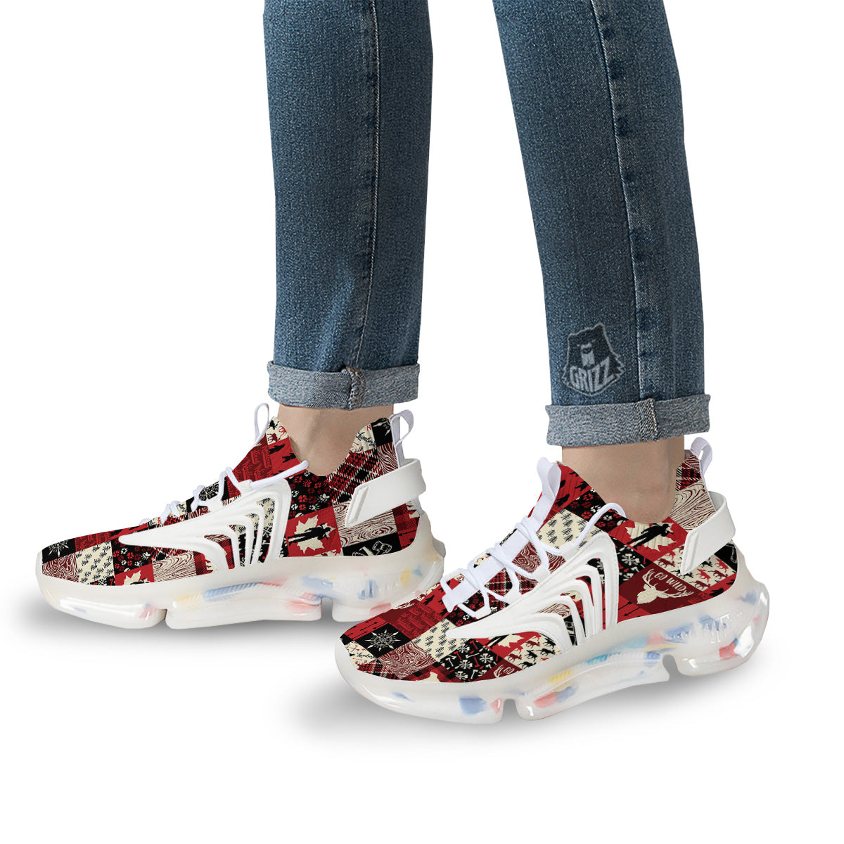 Wildlife Red Plaid Print Pattern White Gym Shoes-grizzshop