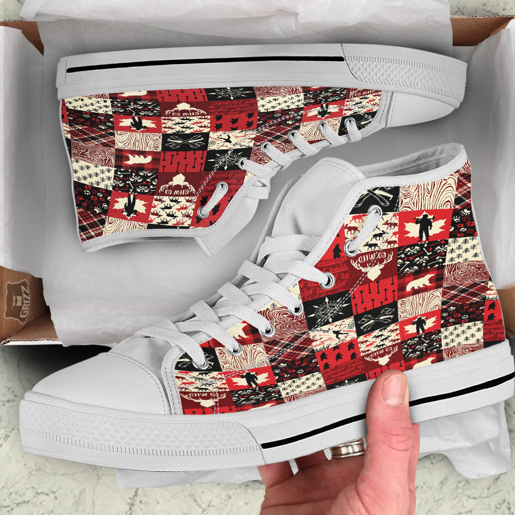 Wildlife Red Plaid Print Pattern White High Top Shoes-grizzshop