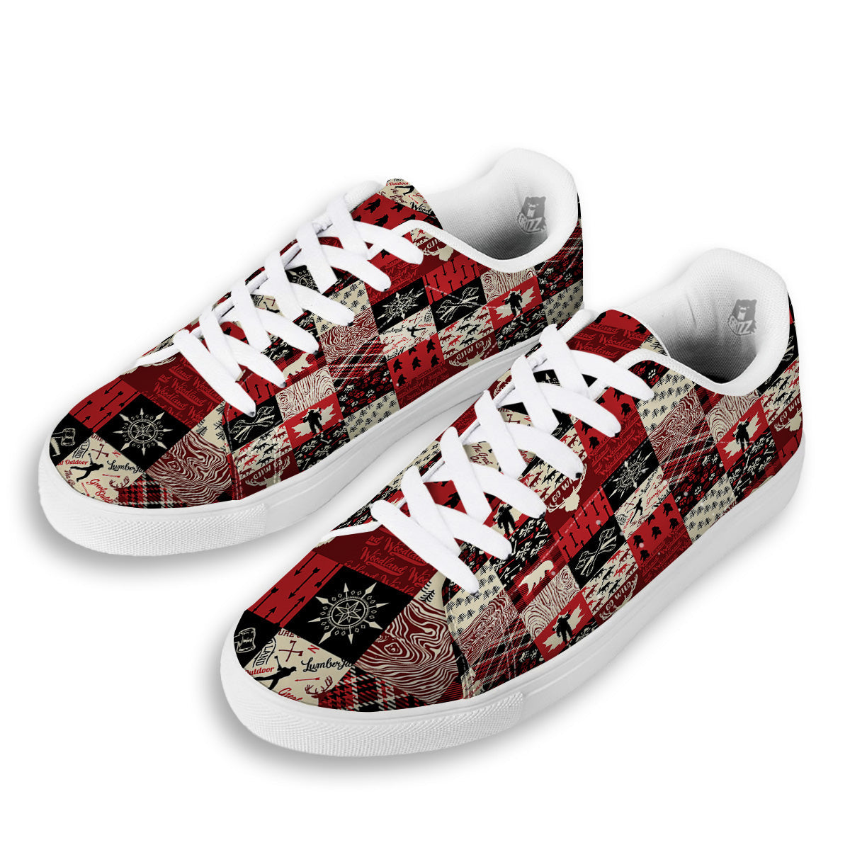 Wildlife Red Plaid Print Pattern White Low Top Sneakers-grizzshop