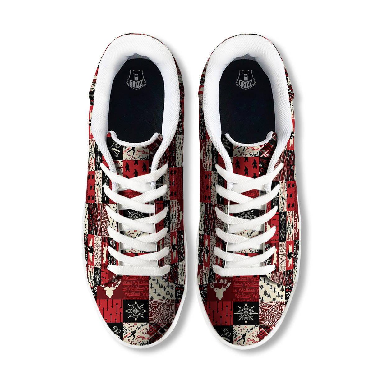 Wildlife Red Plaid Print Pattern White Low Top Sneakers-grizzshop