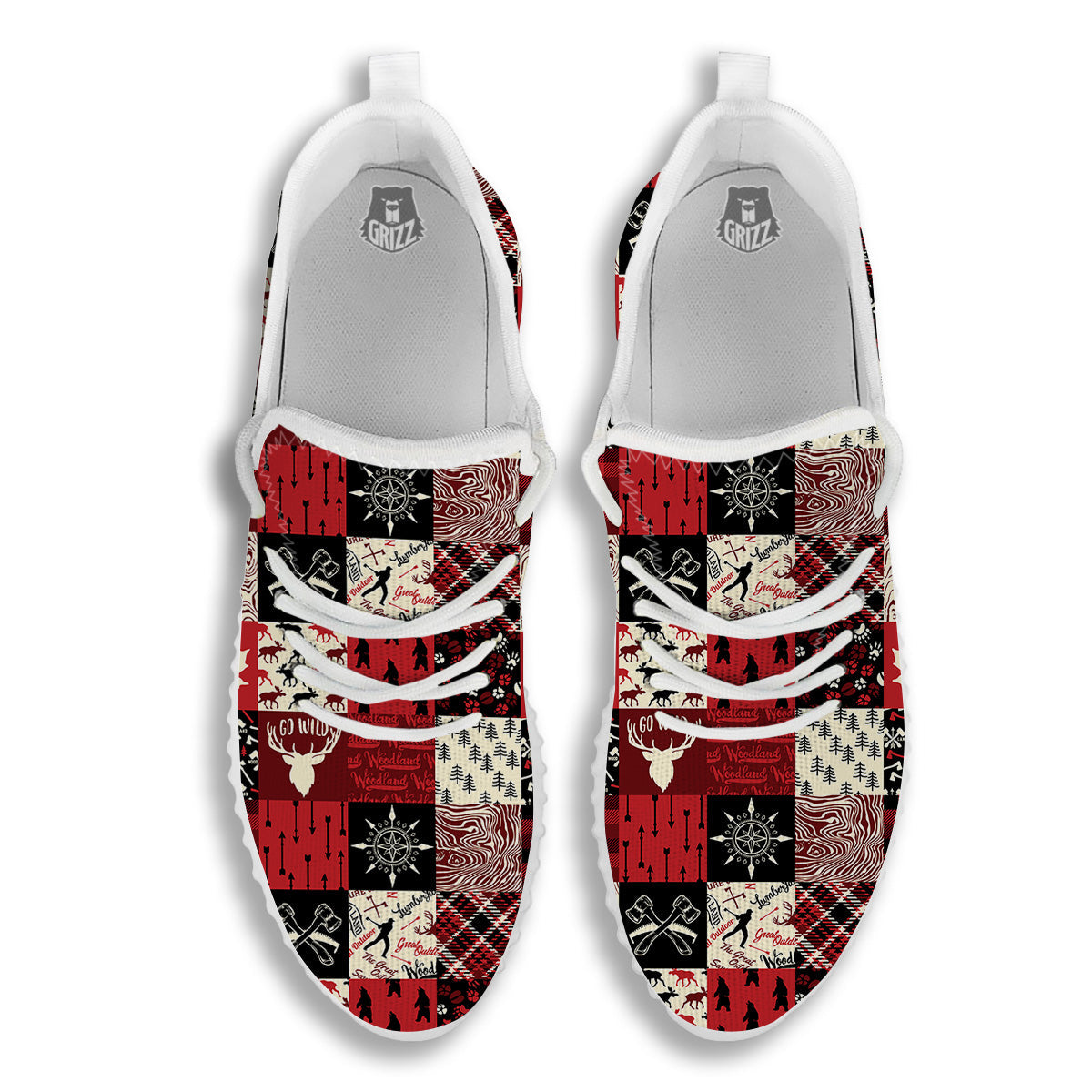 Wildlife Red Plaid Print Pattern White Walking Shoes-grizzshop