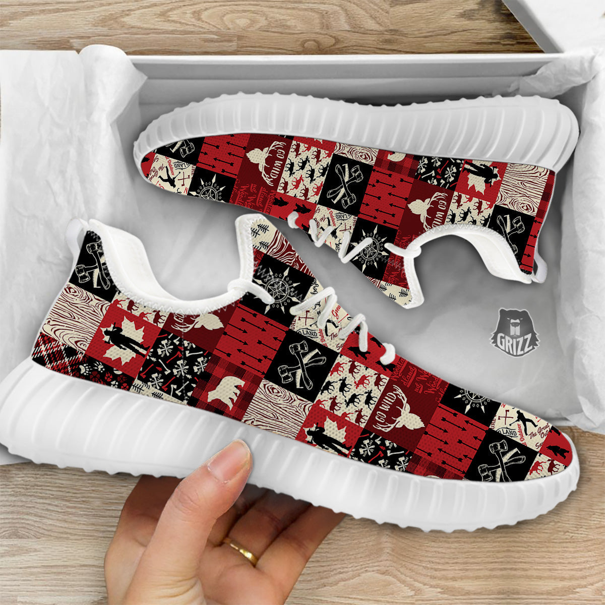 Wildlife Red Plaid Print Pattern White Walking Shoes-grizzshop