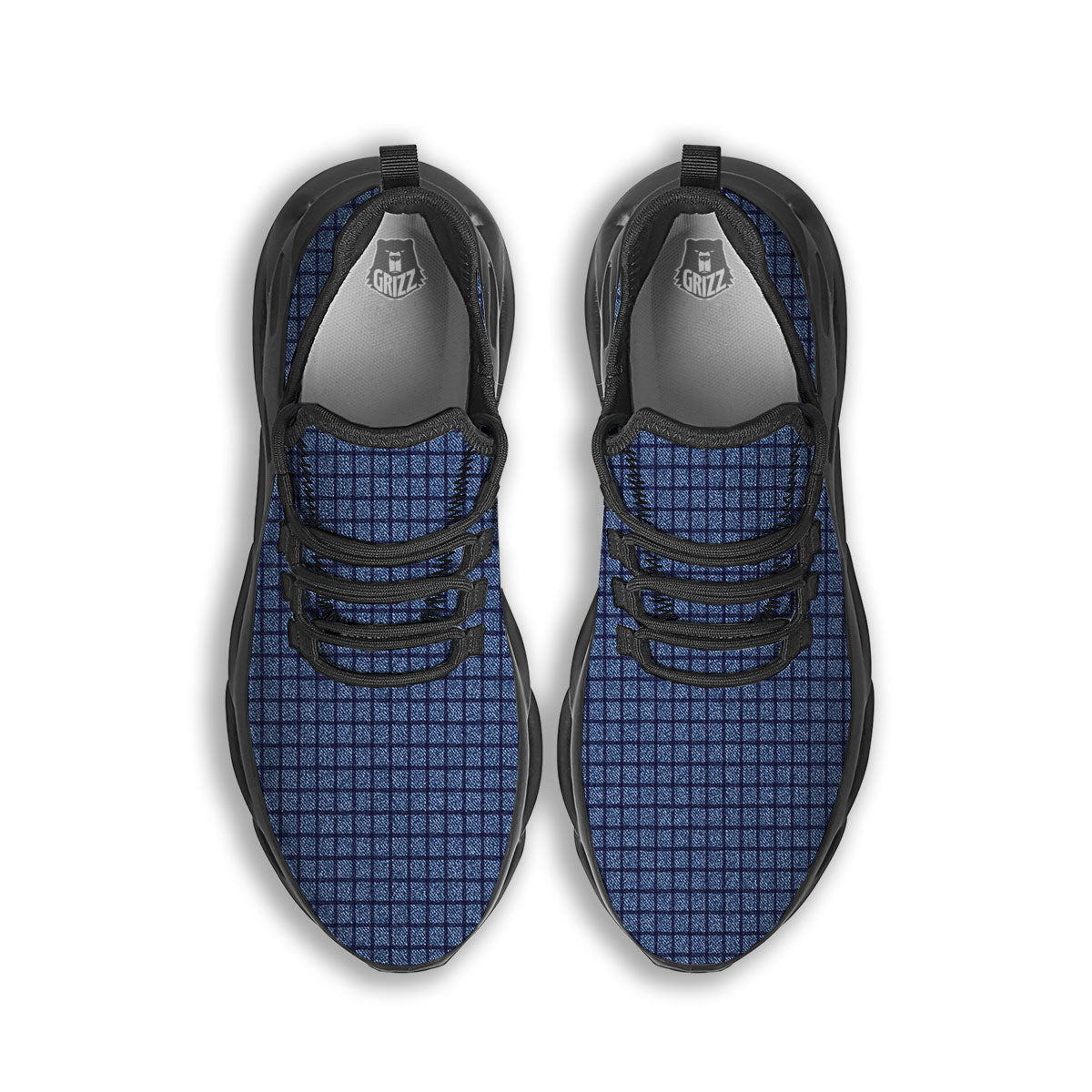 Windowpane Denim Print Pattern Black Running Shoes-grizzshop